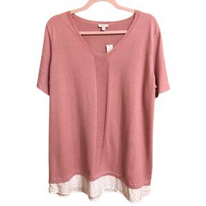 NWT Talbots Women's Layered Look Pink Sweater With polka dot mock shirt trim 1X